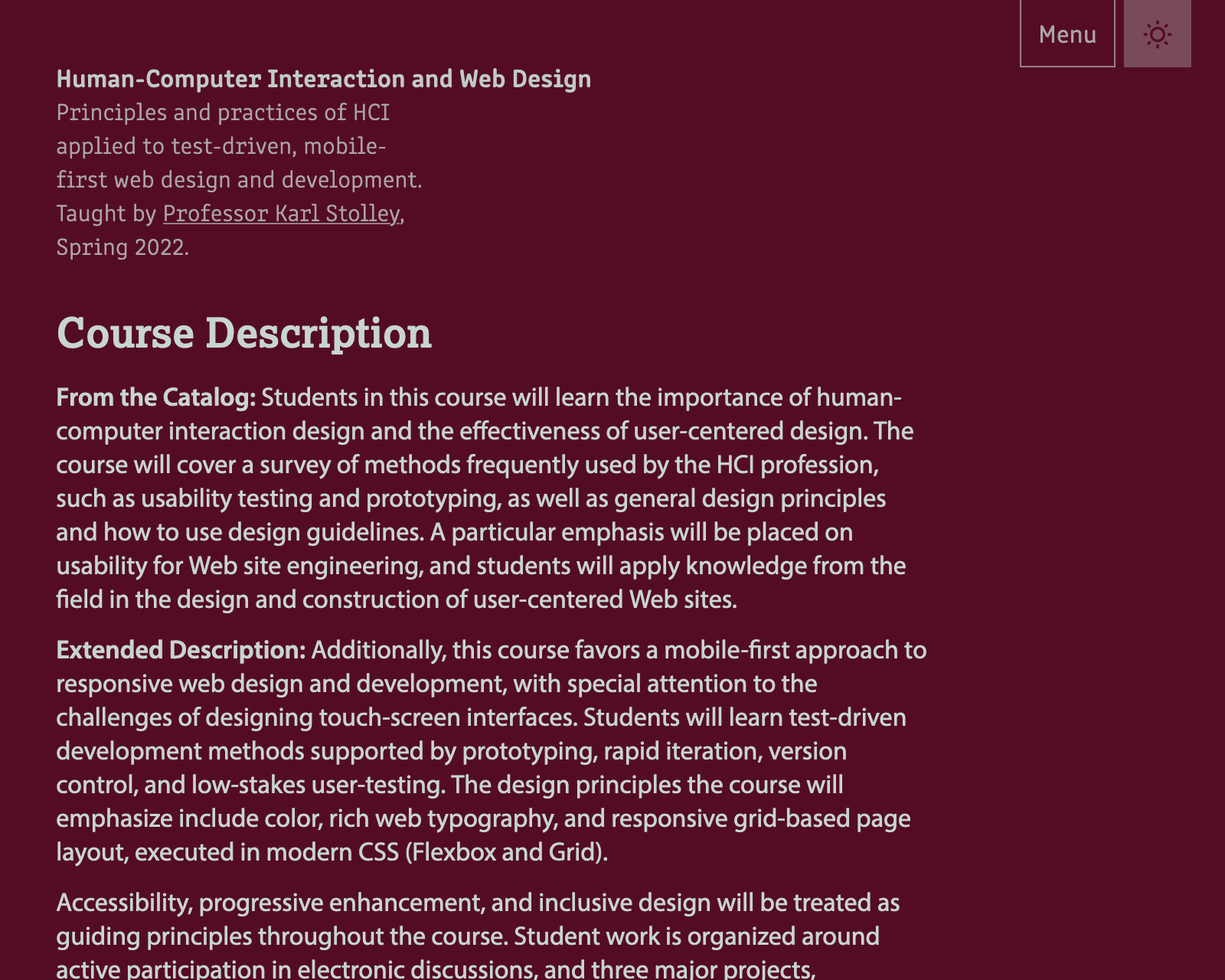 Screenshot of HCI course site.
